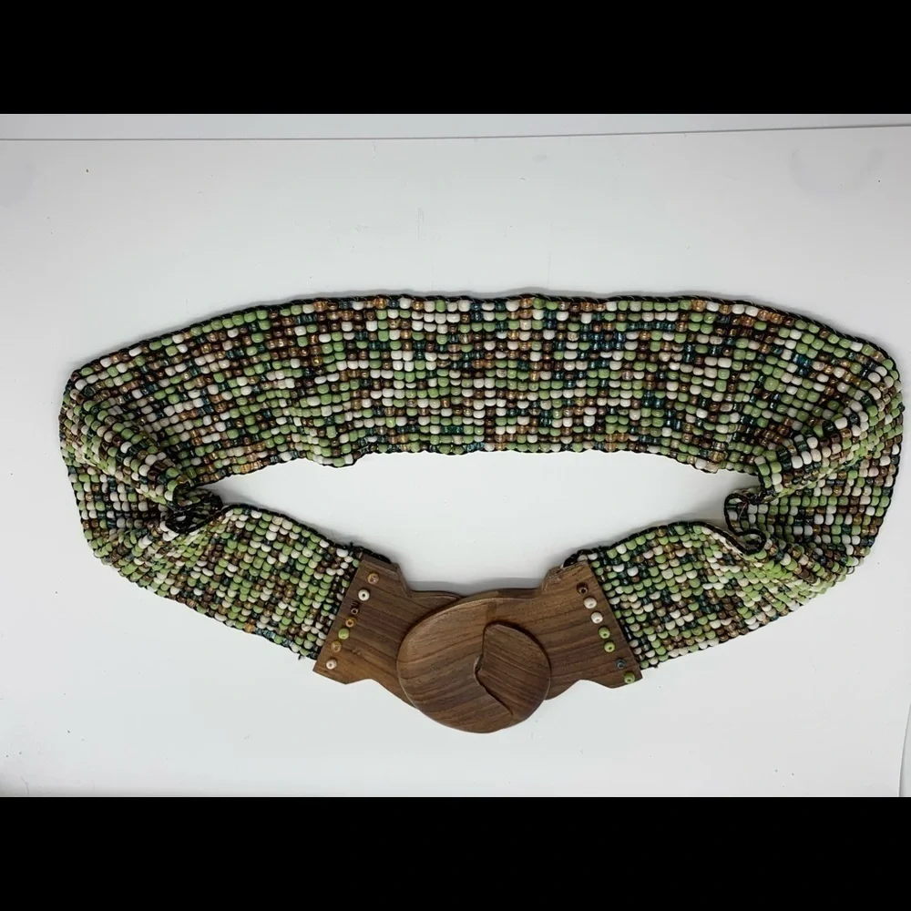 Belt - Handcrafted Beaded 2” Wide Elastic Belt Wood Hook Clasp‌‌‌‌‌‌‌‌‌ - Picture 3 of 6